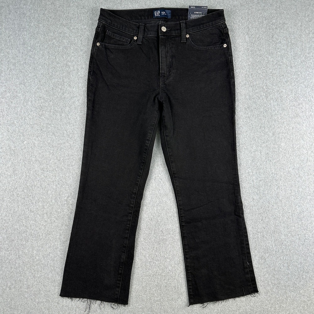 NEW Gap Jeans Women's 10/30R Black Kick Fit Flare Ankle Mid Rise Stretch Raw Hem - Picture 1 of 11